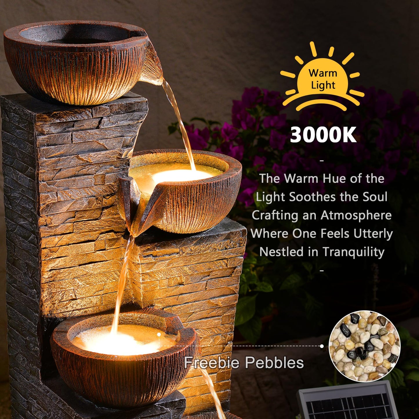 KAISOKU Solar Water Fountain Outdoor Garden, 38.2" Tall Stone Texture Modern Outdoor Fountain with 4 Tiers Cascading Bowls and Pump Solar Panel for Patio, Deck, Porch, Backyard Home Decor