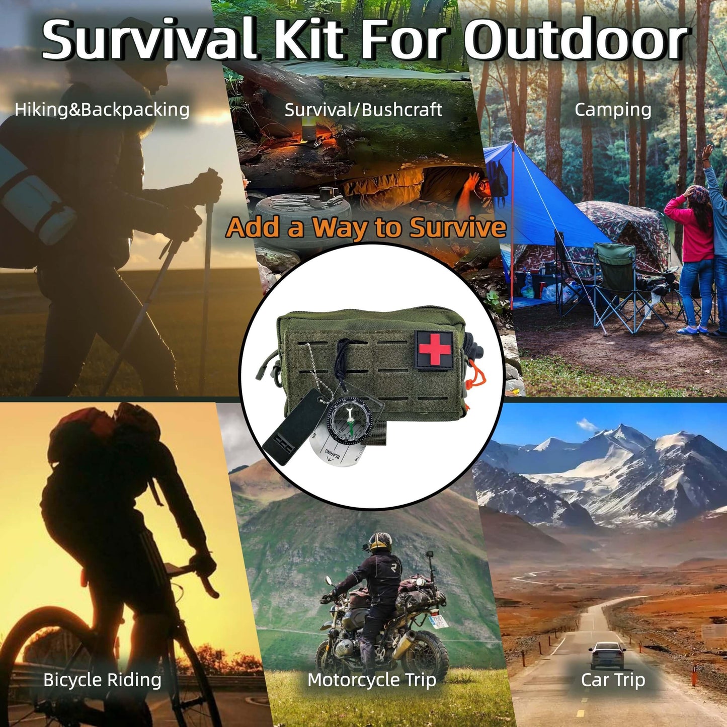 LoDinpo Camping Survival Kit, All in One Outdoor Emergency Gear with Knife, Fire Starter, Fishing Kit, Water Pouch & Compass for Hiking Backpacking Bushcraft Gift for Him