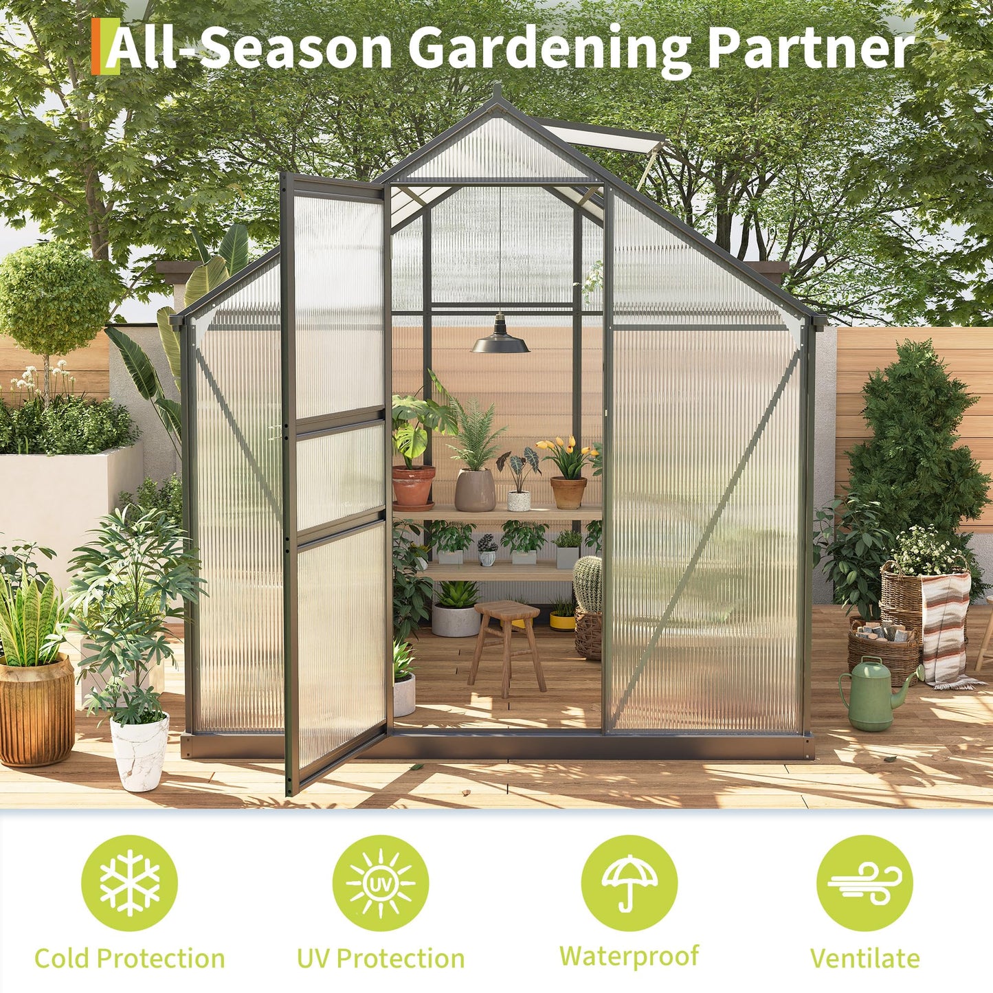 6×6FT Polycarbonate Greenhouse for Outdoors, Large Walk in Green House Kit and Winter Garden Planting, Enhanced Aluminum Green Houses for Outside to Protect Vegetables or Plants