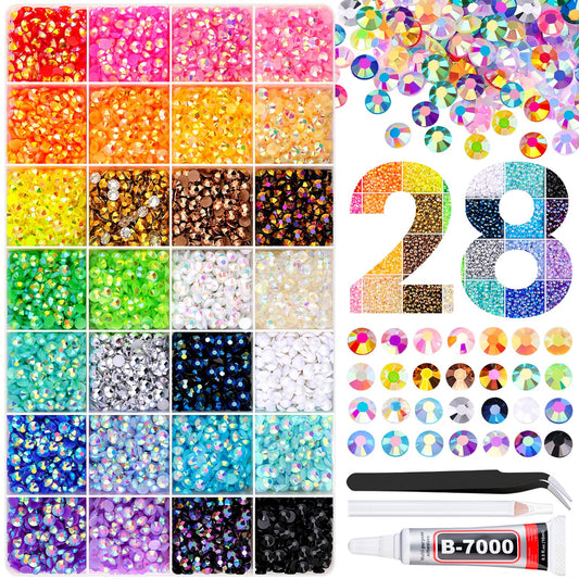8500Pcs Resin Rhinestones with Tweezers for Crafting, Mixed-Color 5mm Bedazzling Crystal with 1Pcs 10ml B7000 Jewelry Glue for DIY Crafts Clothing Tumblers Shoes Fabric Nail Art