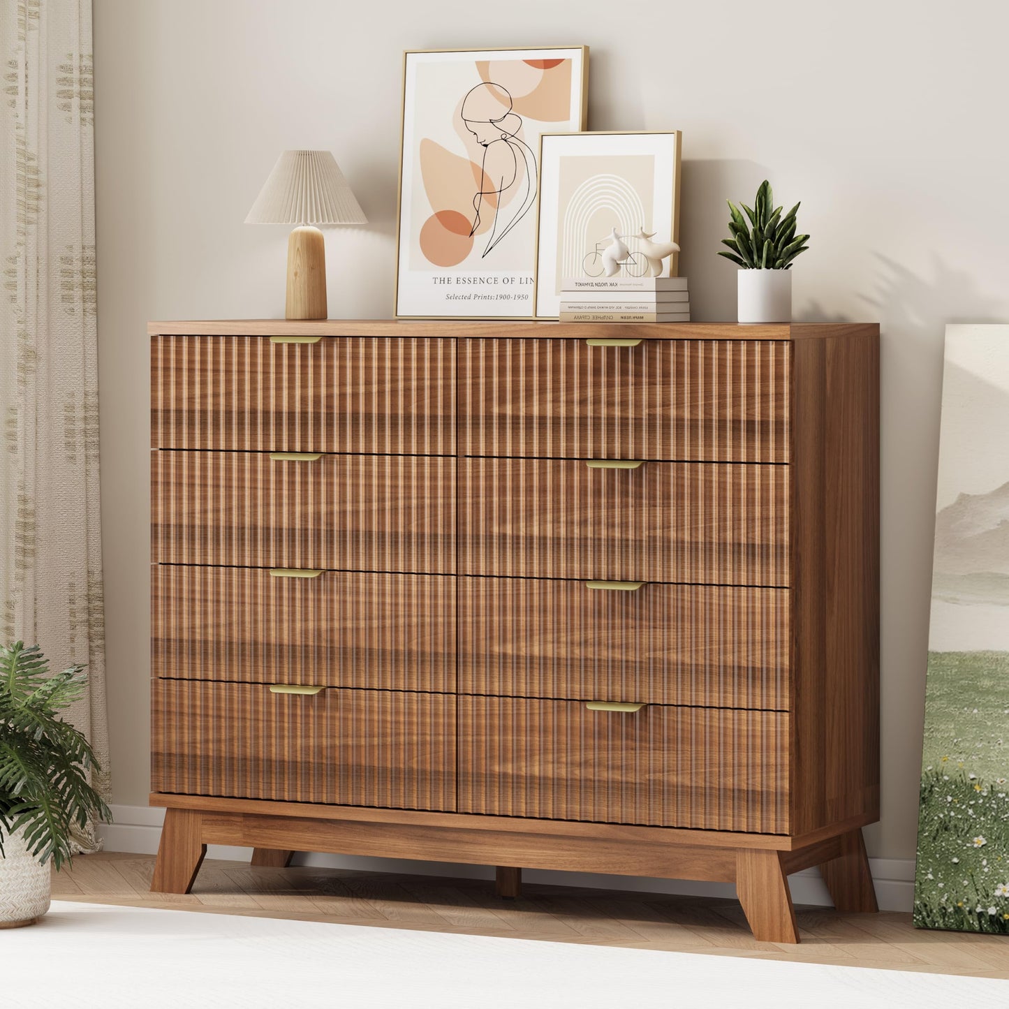 Xixini Fluted Dresser for Bedroom with 8 Drawers, 48" Wide Modern Chest of Drawers with Metal Handle, Wooden Dresser TV Stand, Wood Closet Clothes Storage Organizer for Living Room, Hallway, Walnut