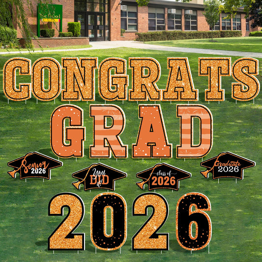 20 Pieces Graduation Yard Signs 2026, Class of 2026 Congrats Grad Yard Sign, Orange Congratulations Yard Signs with Stakes, Plastic Graduation Yard Decorations for College School GRAD Party Supplies