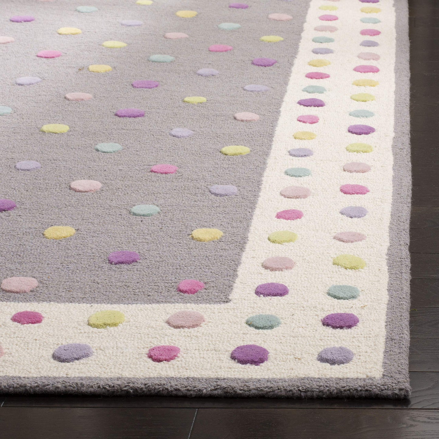SAFAVIEH Kids Collection Area Rug - 3' Round, Grey & Multi, Handmade Polka Dot Wool, Ideal for High Traffic Areas in Playroom, Nursery, Bedroom (SFK101F)