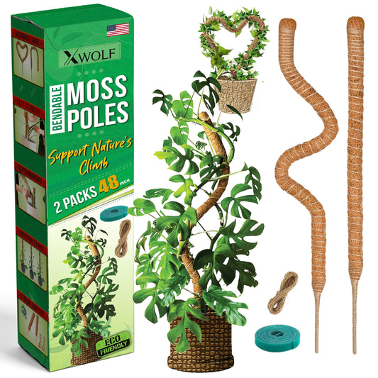 2 Pack 48 Inch Bendable Moss Pole Monstera Plant Support for Climbing Indoor Plants, Tall Coir Plant Pole Sticks & Plant Stakes for Pothos, Philodendron & Potted Plants, Includes Plant Ties