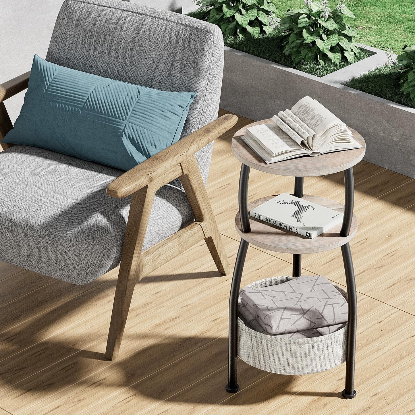 Yuede Round Side Table with Storage Basket –Small Space Saving End Table 3-Tier Coffee Table Bedside Corner Stand for Living Room, Bedroom, Garden and More 24in Tall Greige