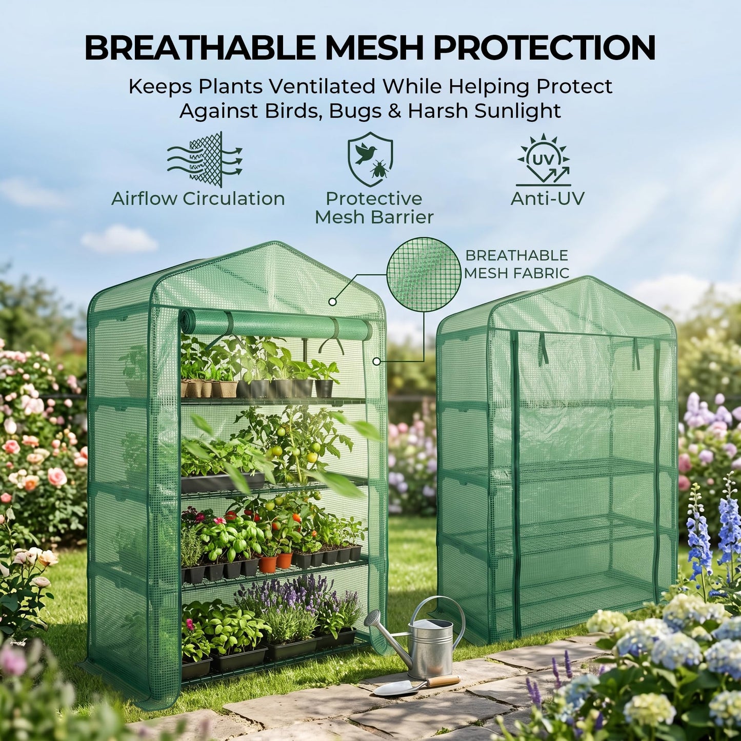 Worth Garden 50% Extra Wide Mini Greenhouse 4 Tier Portable Plant Green House 40in Wide -Sturdy Gardening Shelves with PE Cover & Roll-Up Zipper Door - Indoor & Outdoor Use - 19″W. x 40″L. x63″H.