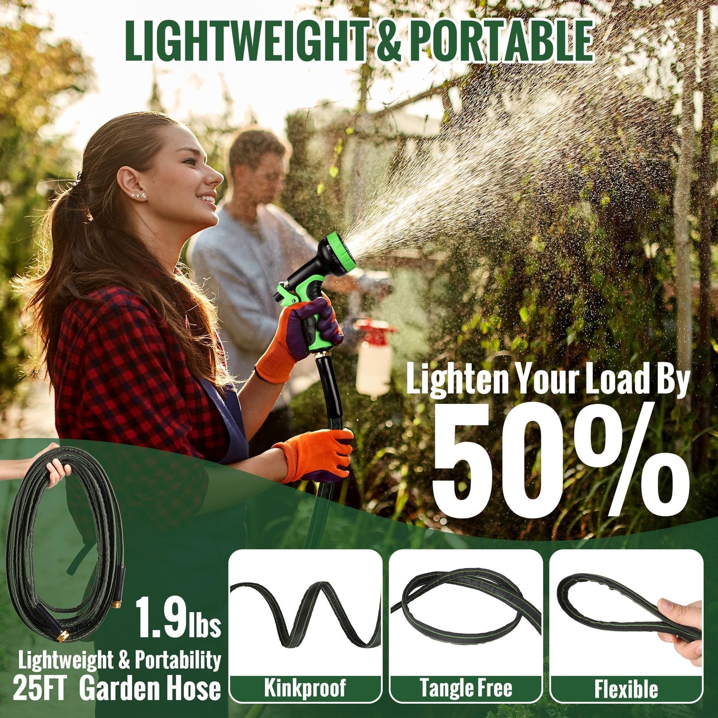 Garden Hose 25ft Flexible Water Hose Non-Expandable High Pressure Kink-Free Leakproof Durable Portable Lightweight Outdoor Yard Lawn Black Fabric Watering Hose with 3/4" Aluminum Fittings