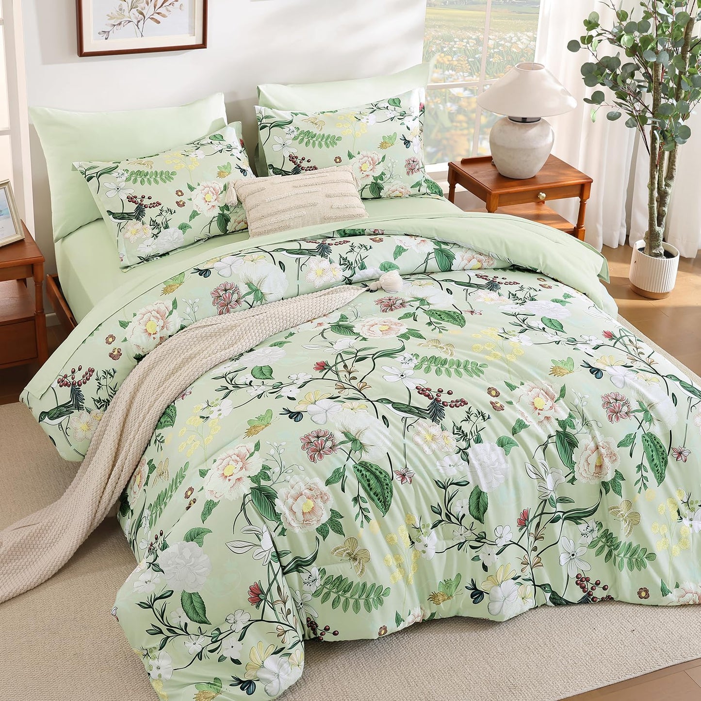 Anibedding 7Pieces Floral King Size Comforter Set, Green Garden Plant Style Bed in a Bag Flower Bedding with Pillow Case for Bedroom