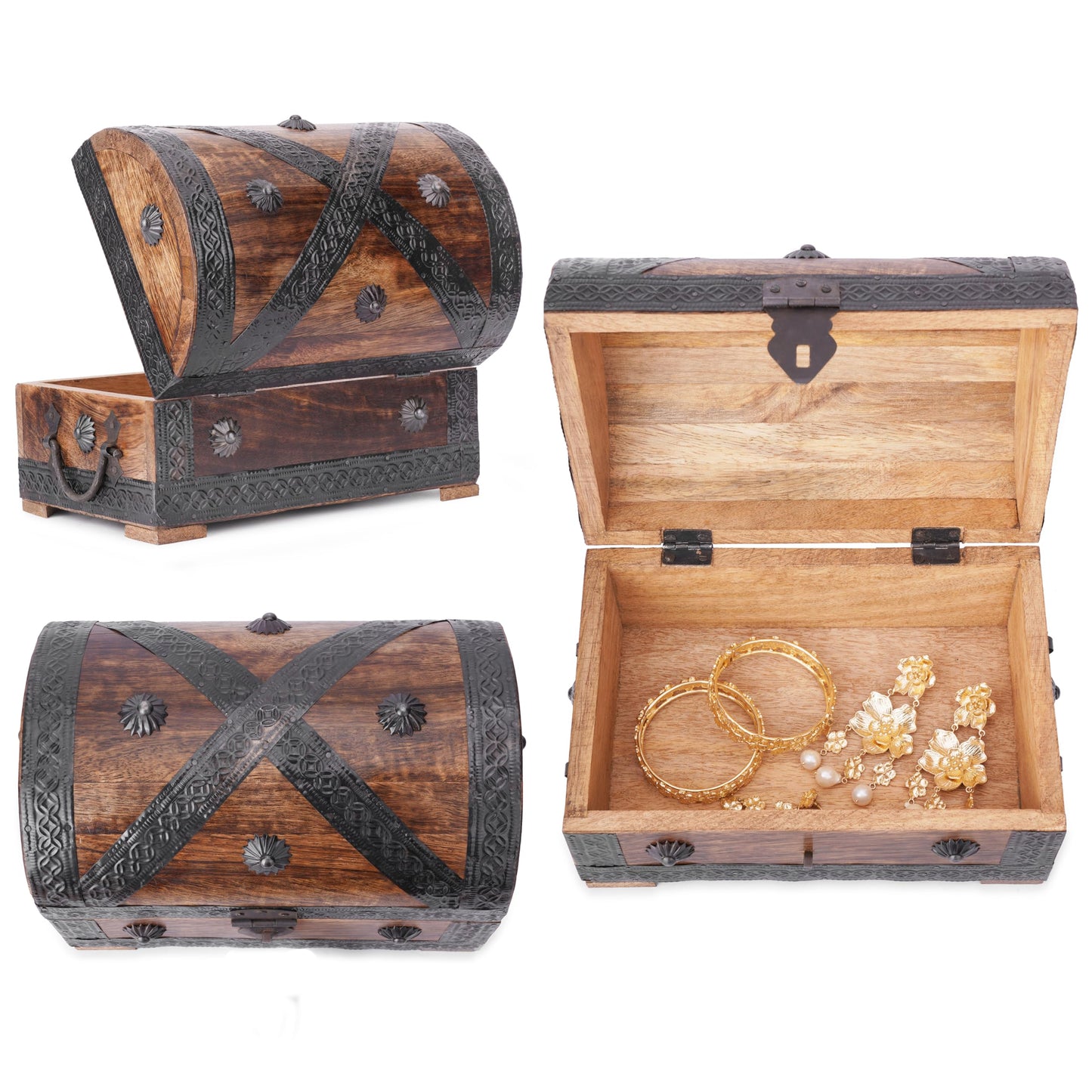 Ajuny Wooden Pirate Treasure Chest Jewelry Box – Handcrafted Vintage Keepsake Organizer with Shell Strips, Perfect for Necklaces, Earrings, and Trinkets, 9x6 Inch Gift Box