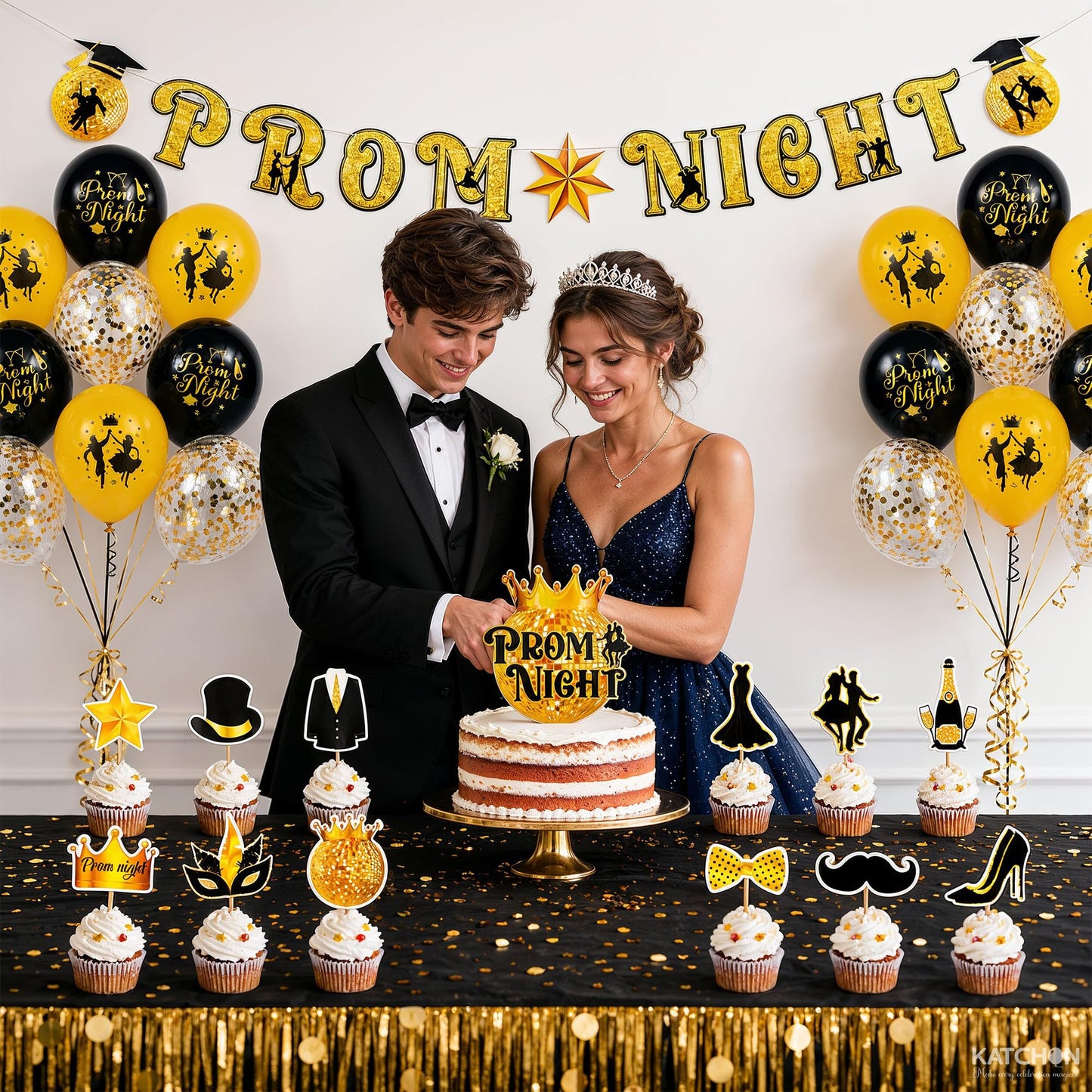 KatchOn, Prom Night Decorations 2026 - Black and Gold Balloons, Pack of 31 | Prom Night Banner, Latex Balloons and Cupcake Toppers | Black and Gold Prom Decorations, Prom Party Supplies