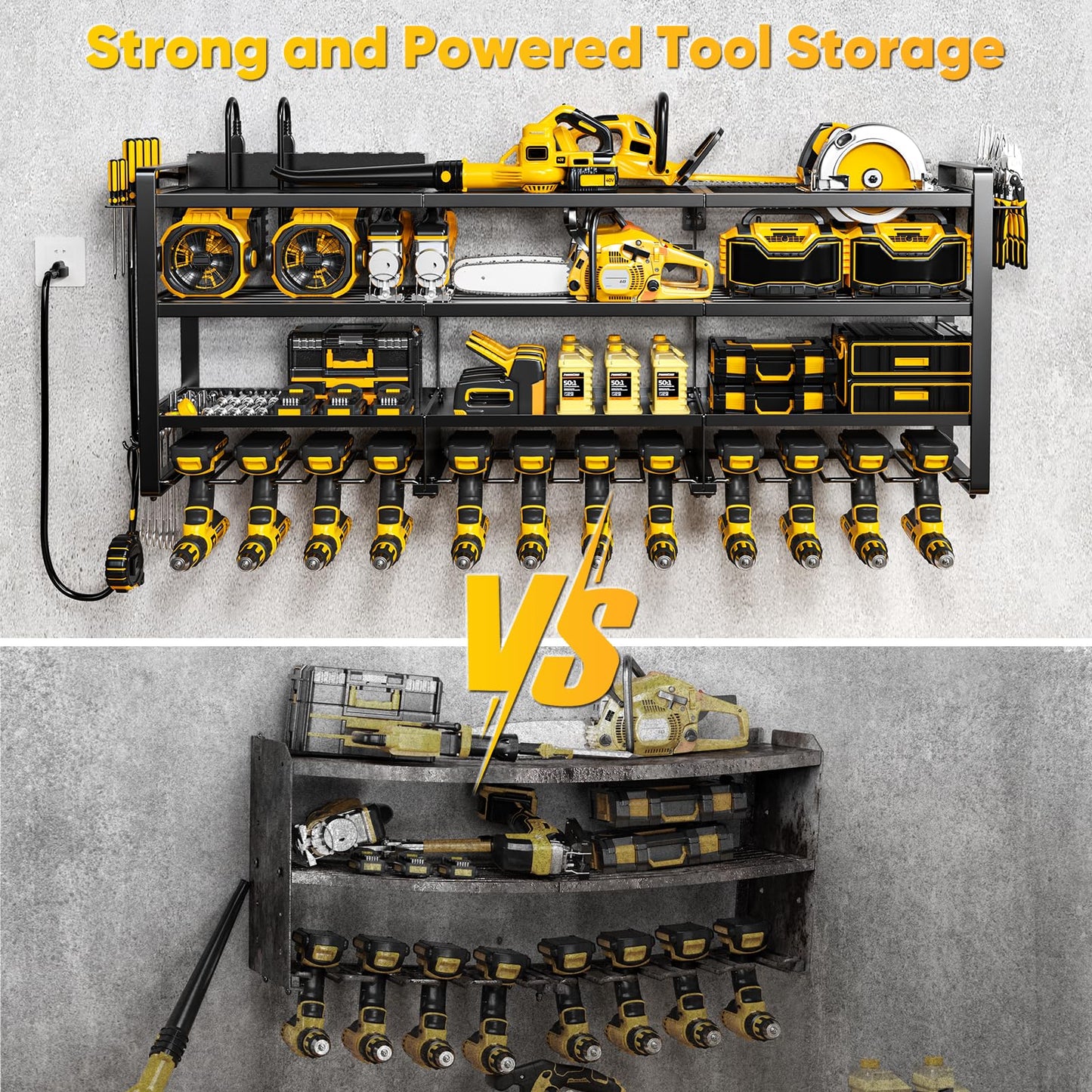 POKIPO 49.5" W Large Power Tool Organizer Wall Mount with Charging Station, 4 Tier Heavy Duty 12 Cordless Drills Holder Load 800 lb, Tool Battery Storage Rack Built in 8 Outlet Power Strip for Garage