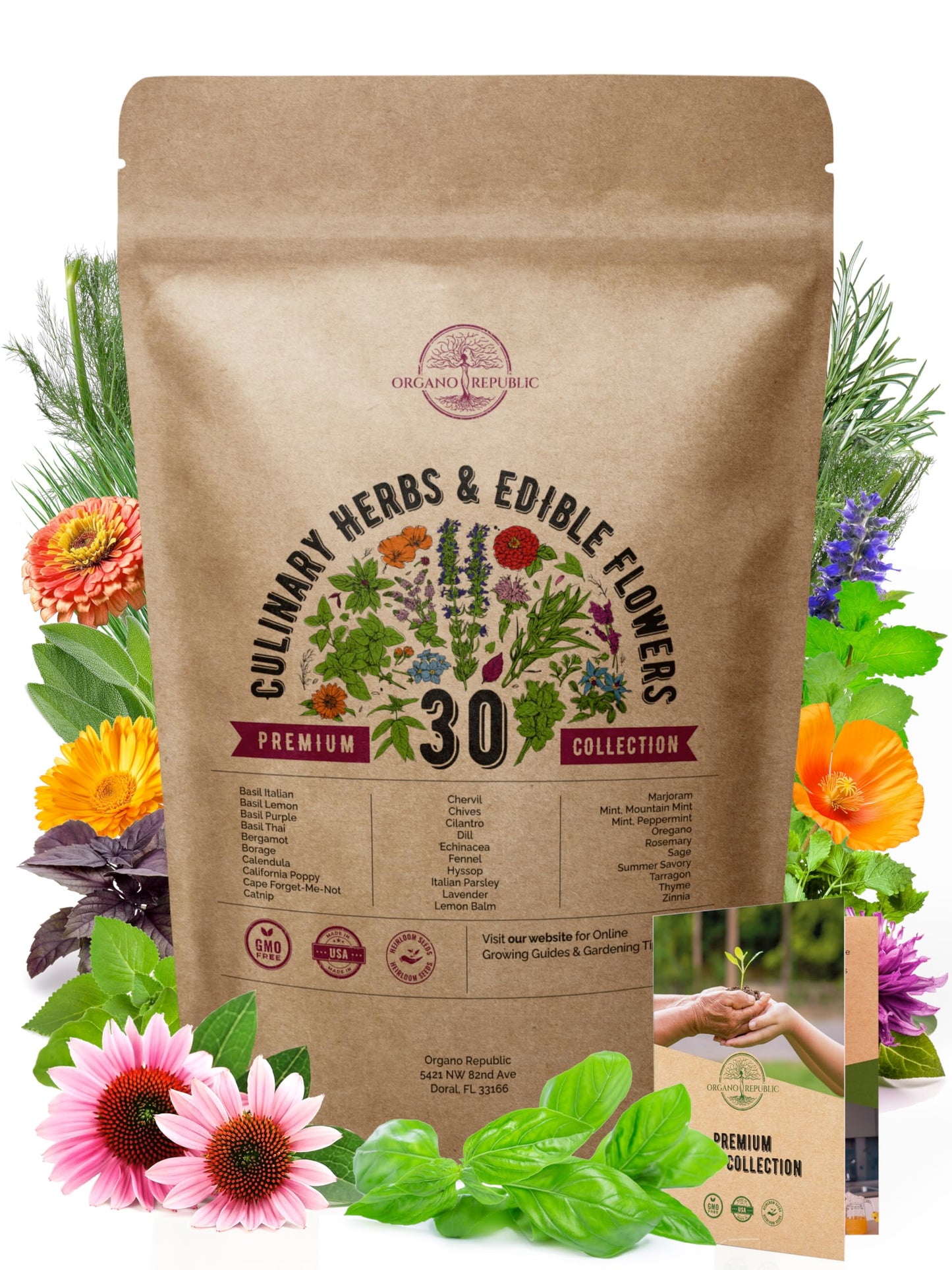 Organo Republic 30 Culinary Herbs & Edible Flower Seeds Variety Pack- Indoor/Outdoor. 7400+ Non-GMO Heirloom Flower Seeds: Basil, Borage, Echinacea, Lavender, Oregano, Rosemary Seeds & More