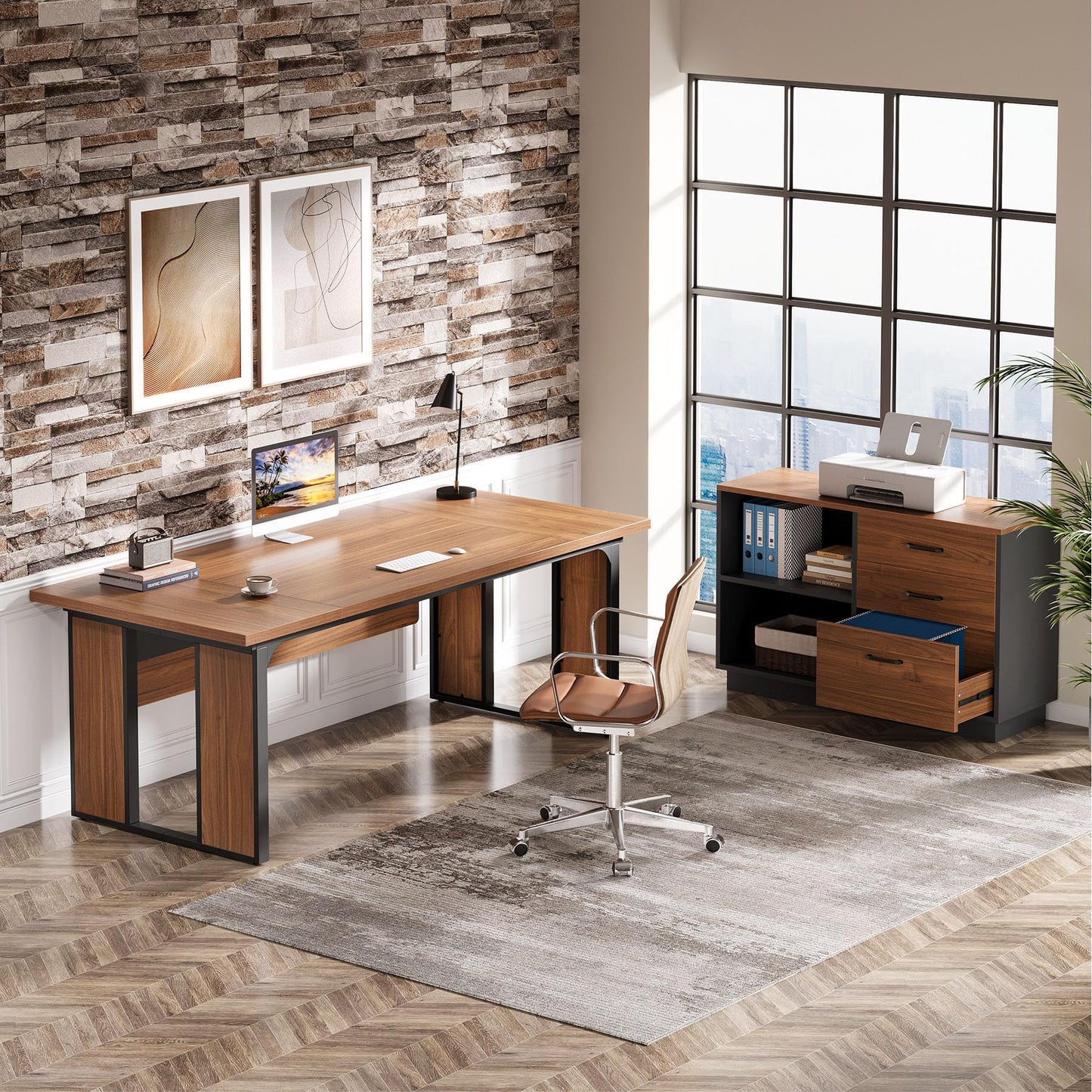 Tribesigns 63‘’ L-Shaped Executive Desk, Office Table with 47-Inch Drawers Cabinet, Large Computer Desk with Storage Shelves, Business Furniture Set for Home Office, Brown & Black