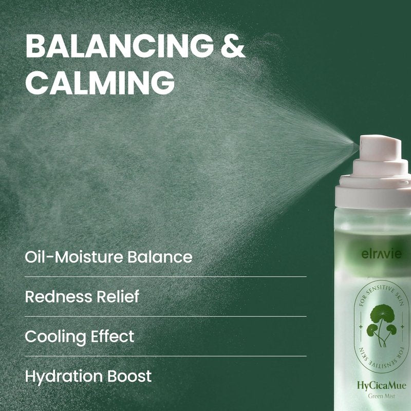 elravie HyCicaMue Green Face Mist | Ultra-Fine Face Spray for Instant Calming & Moisturizing | Cica, Peptide, Ceramide, Hyaluronic Acid | Reduce Excess Sebum & Soothe Irritated Skin | Korean Skin Care