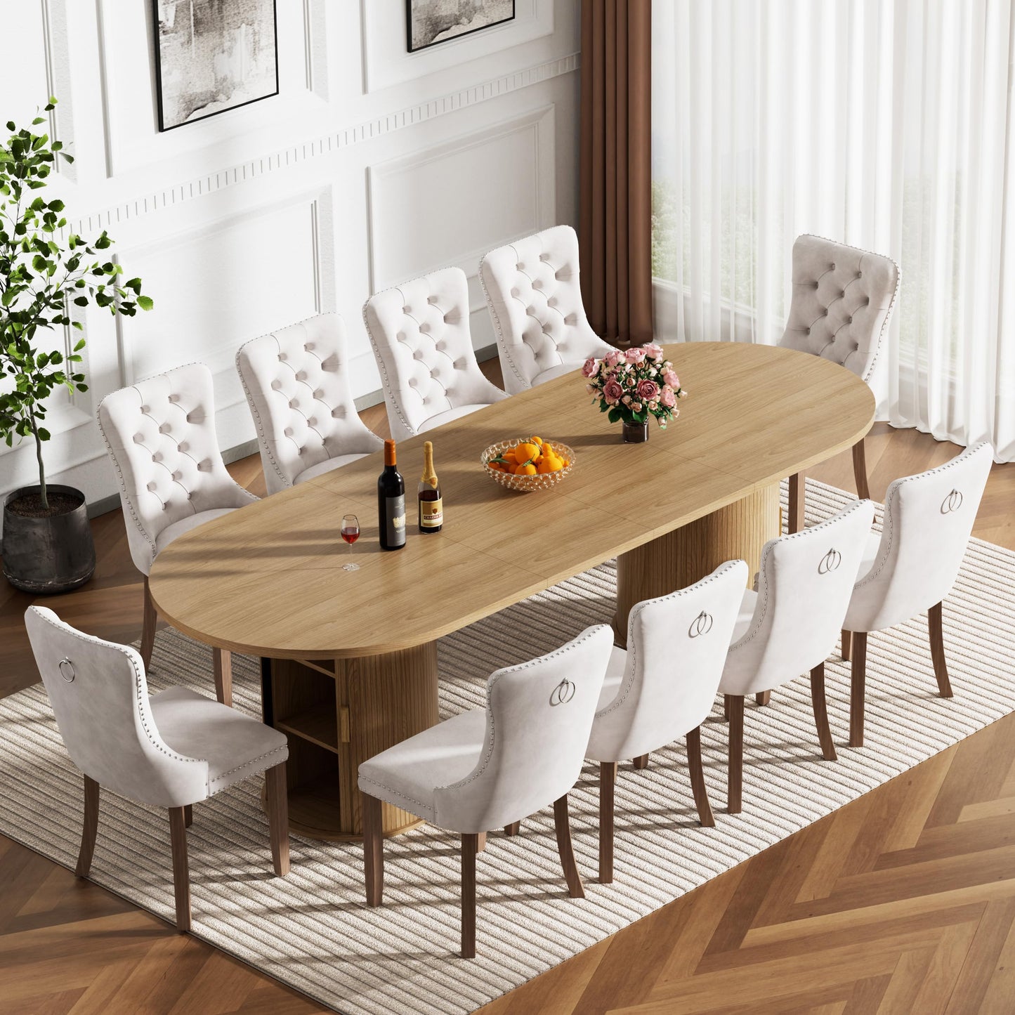 MELAABUU Modern 11-Piece Extendable Dining Table Set for 10, Oval Expandable Kitchen Table Set with 10 Velvet Chairs,63"-94" Large Dining Room Tables with Brown Wood Top & Fluted Cabinet Base
