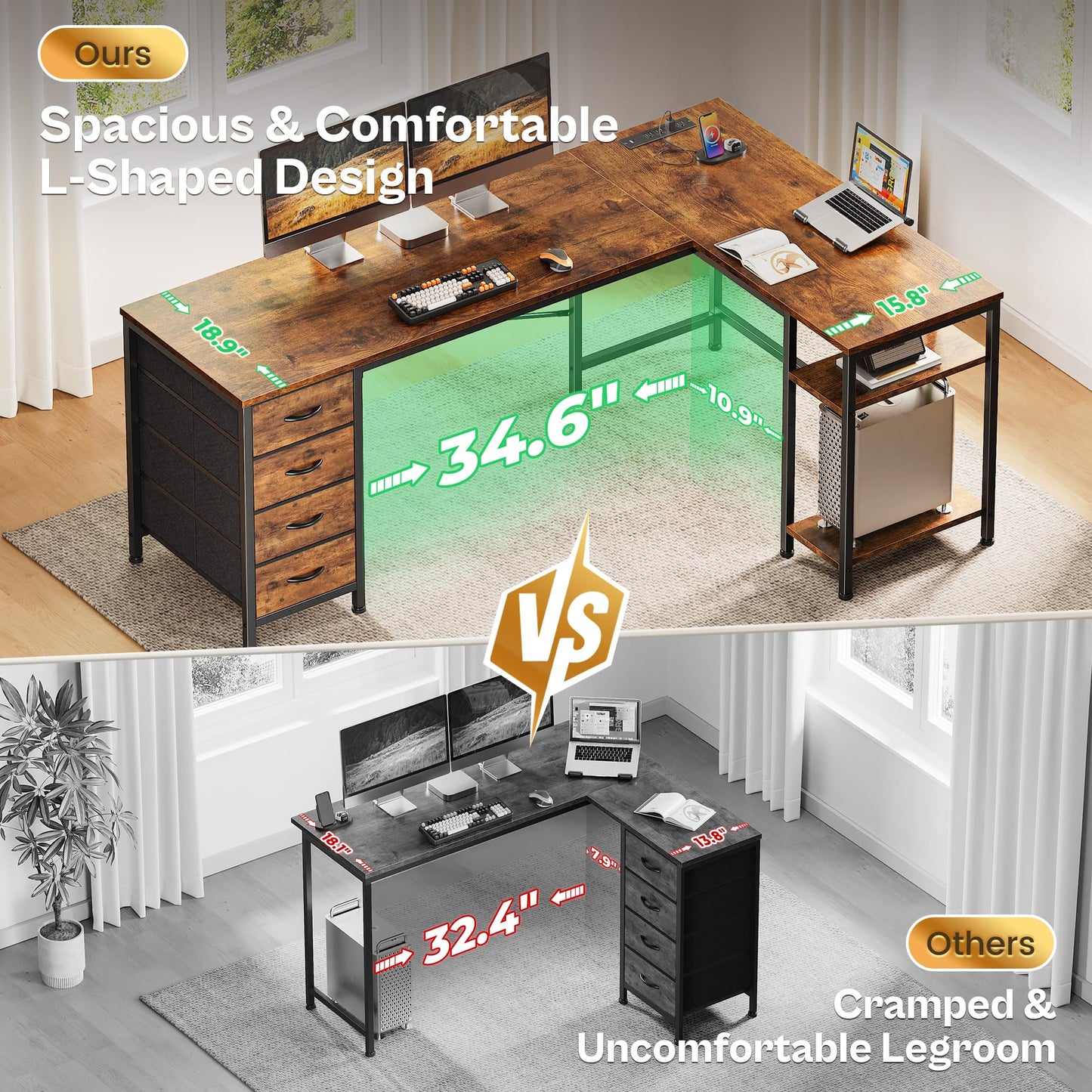 Huuger 63 Inch L Shaped Desk with Fabric Drawers, Computer Office Desk with Power Outlets and USB-C Port, Corner Desk with Storage Shelves, for Gaming Work Study Home Office, Reversible, Rustic Brown
