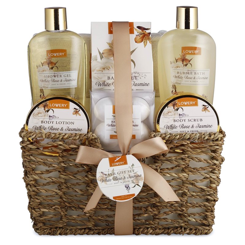 Home Spa Gift Basket - White Rose & Jasmine - Luxurious 11pc Bath & Body Set for Men & Women, Contains Shower Gel, Bubble Bath, Body Lotion, Scrub, Bath Salt, 4 Bath Bombs, Loofah & Basket