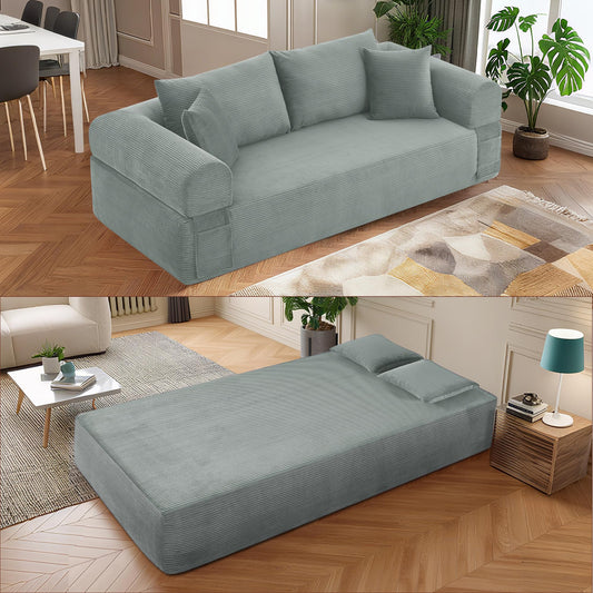 83" Modern Sofa in a Box, No Assembly Oversized 3 Seater 28" Deep Seat Cloud Sofa Bed Couch with 4 Furry Pillows & Corduroy Fabric, Boneless Couch with Side Storage Pockets for Living Room, Light grey