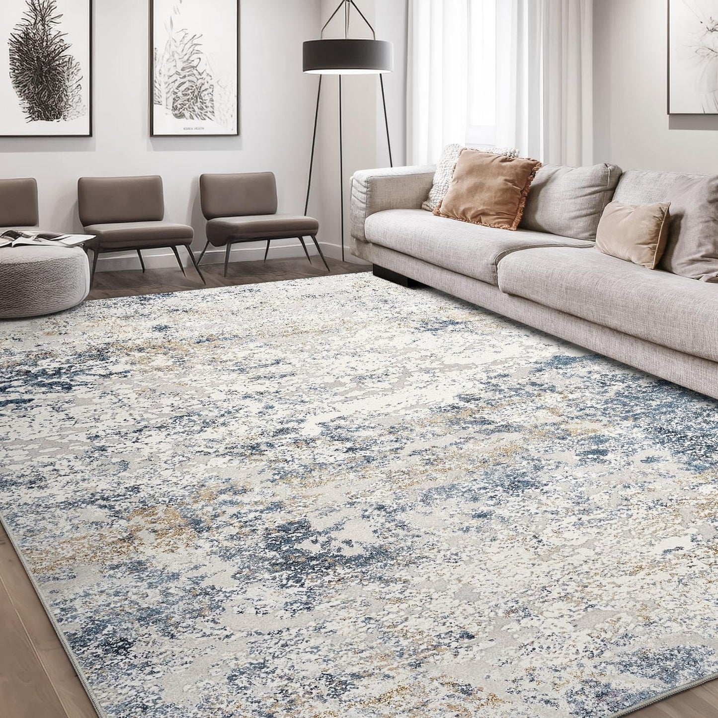 Area Rug Living Room Rugs - 9x12 Abstract Large Soft Indoor Washable Rug Neutral Modern Low Pile Carpet for Bedroom Dining Room Farmhouse Home Office - Beige Blue