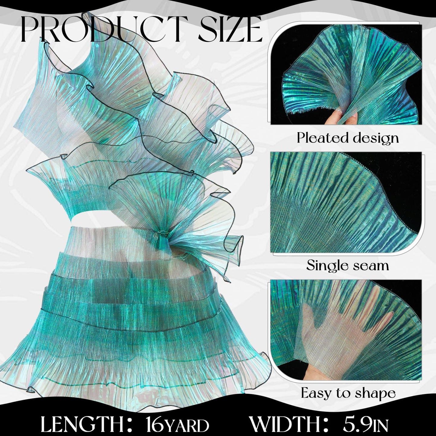 Ganeen 16 Yard Ruffle Pleated Iridescent Ribbon, Green Jellyfish Organza Ruffle Trim, Retro Tulle Lace Fabric for Jellyfish Costume Sewing Craft Dress Hat Lantern Cake Christmas Tree Decor