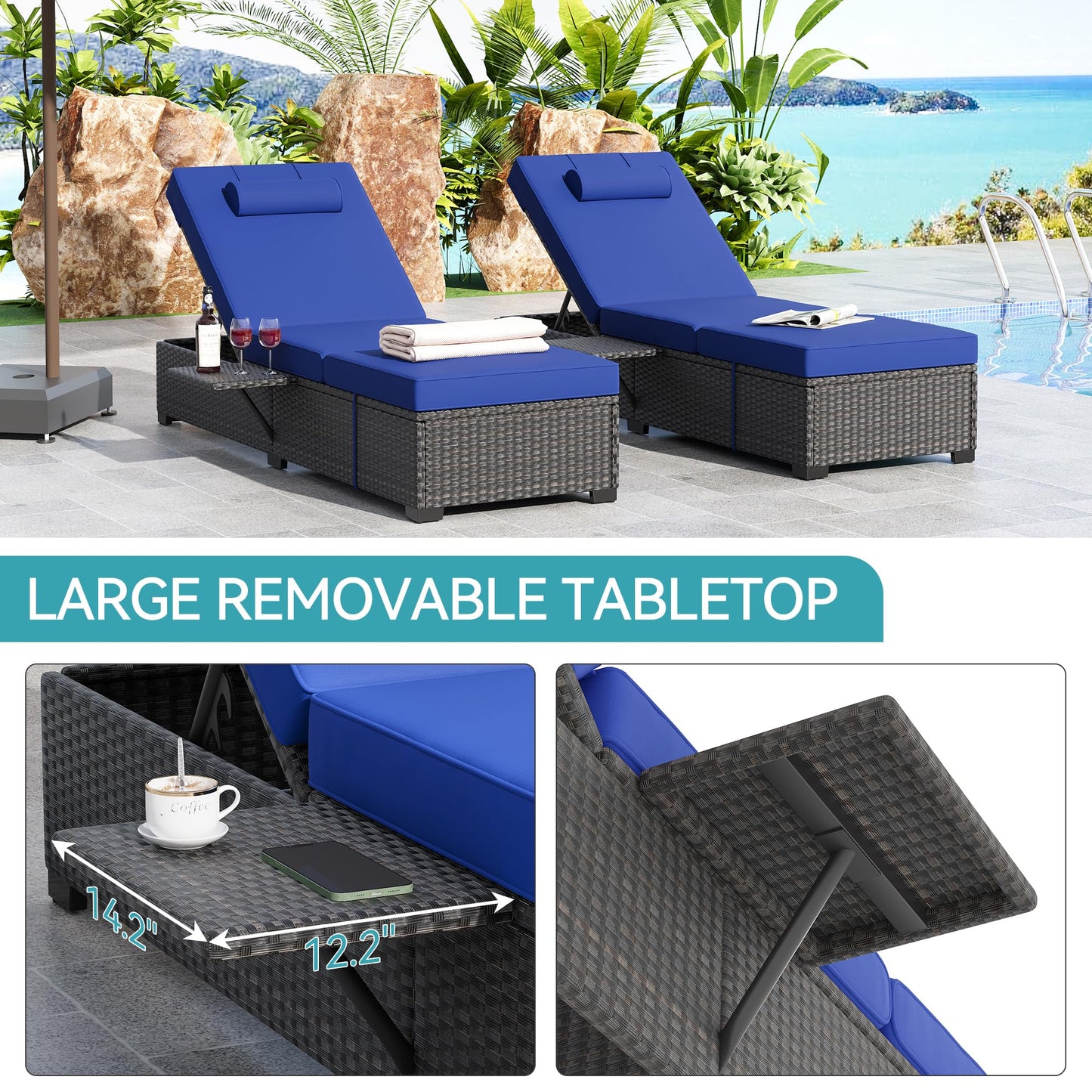 Garvee Outdoor Chaise Lounge Set of 2, 5-Position Adjustable Reclining PE Wicker Lounge Chairs with Cushions for Poolside, Garden, Patio, Backyard, Blue