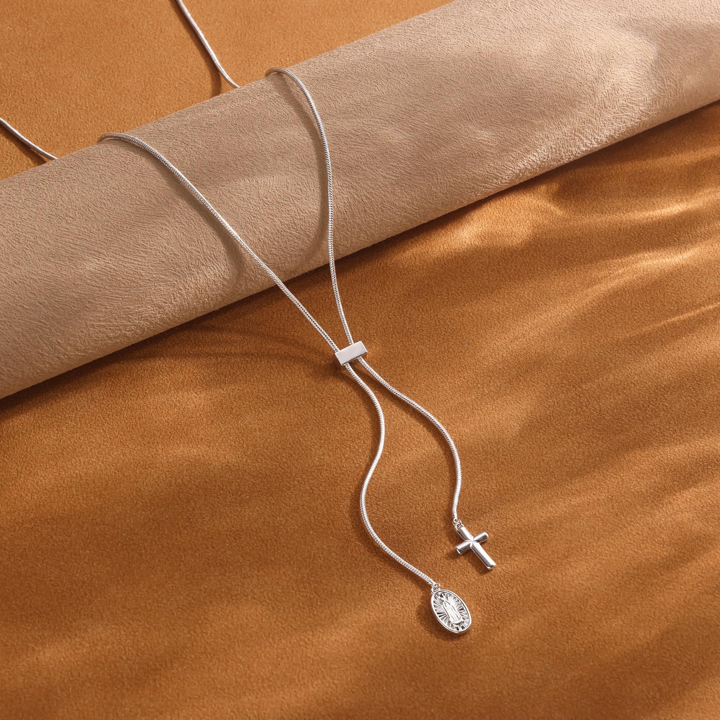 CHESKY Sliver Plated Long Necklace for Women Y Shaped Necklace Rosary Cross Drop Pendant Necklace Dainty Necklace Trendy Christian Jewelry