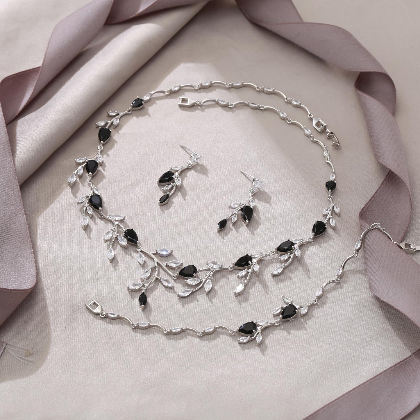 EVER FAITH Party Jewelry Set for Women, Sparkly Cubic Zirconia Pear-Shaped Birthstone Leaf Necklace Tennis Bracelet Earrings Sets for Prom Black