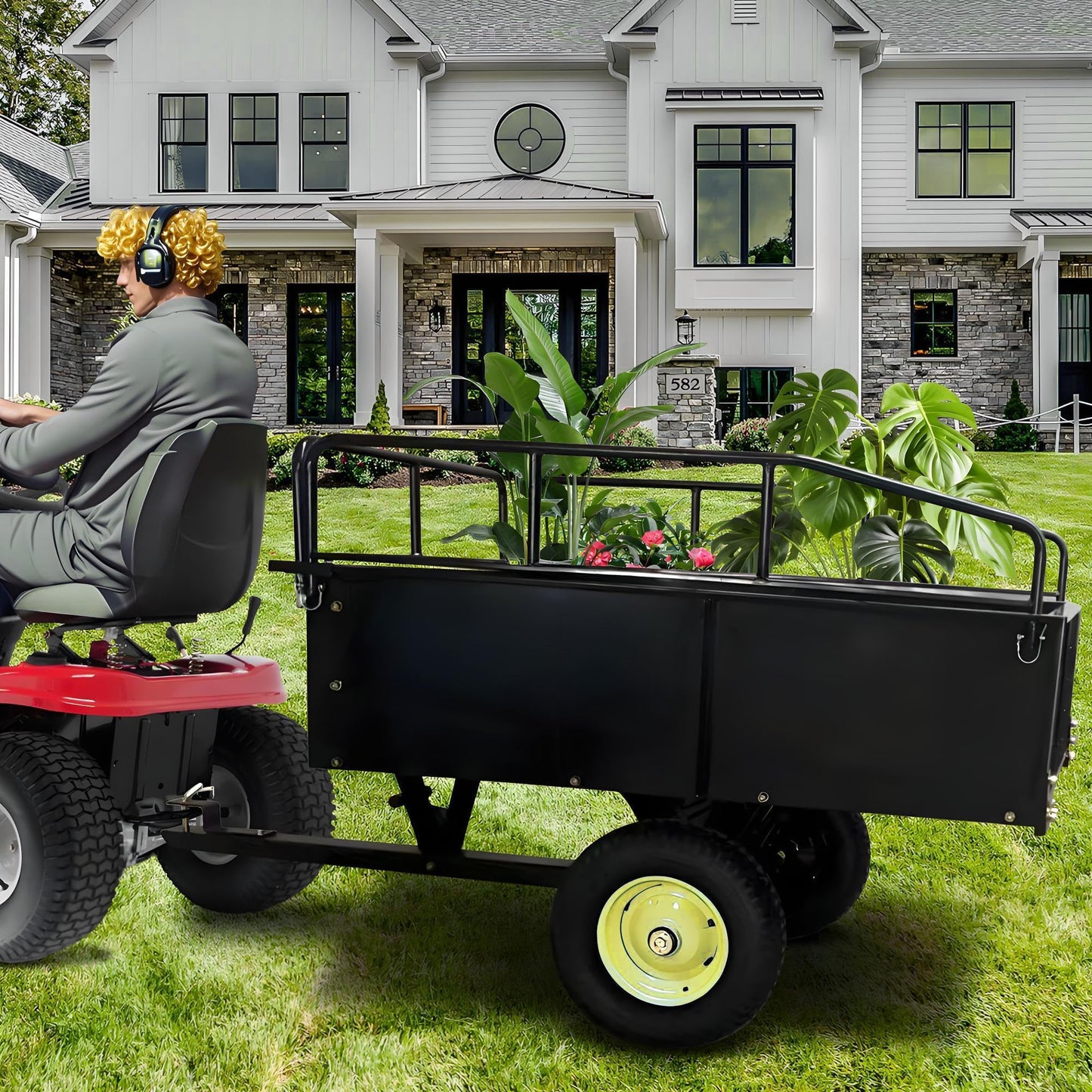 Utility Trailer - 750LBS Capacity Lawn Mower Cart with Removable Sides,15 Cu.Ft Steel Lawn Mower Trailer,Universal Hitch for ATV, UTV, Lawn Tractor, Riding Mower - for Garden, Yard Hauling and Farm
