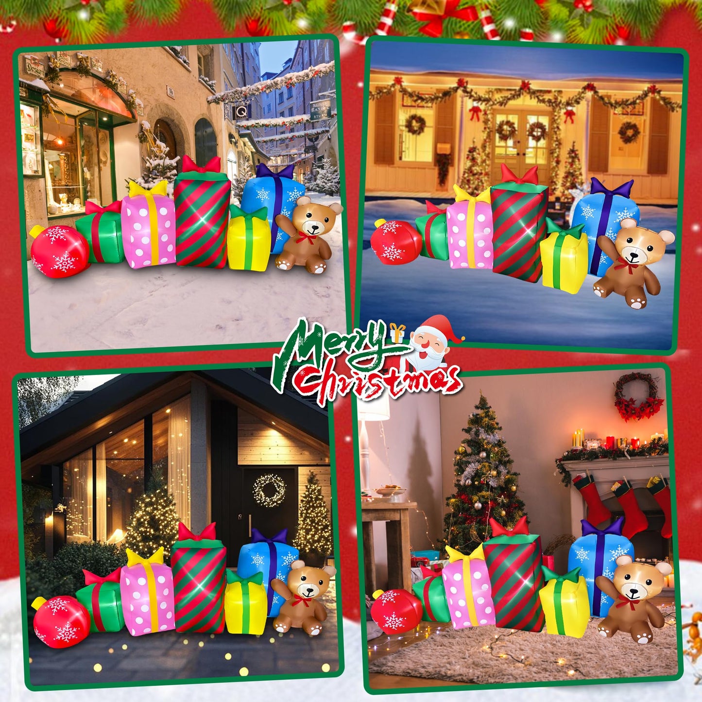 SEASONBLOW 8 FT Christmas Inflatable Gift Boxes with Ball and Bear Decoration, Xmas Blow Up LED Lighted for Lawn Yard Garden Home Indoor Outdoor Holiday Party Decor
