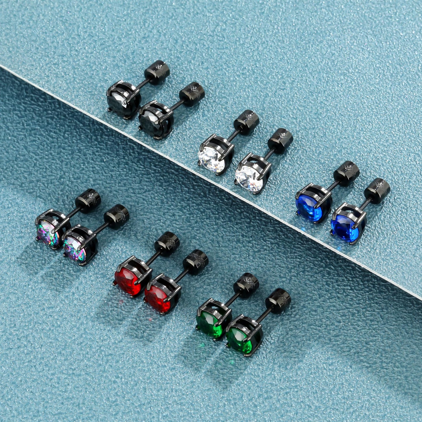 Hopply 4 Pairs Titanium Screw Back Surgical Stainless Steel Earrings for Women Men,Rainbow 5A Cubic Zirconia Studs Double Side Earrings Piercing Sleeper Jewelry 6mm (Red/Green CZ 3-6mm)