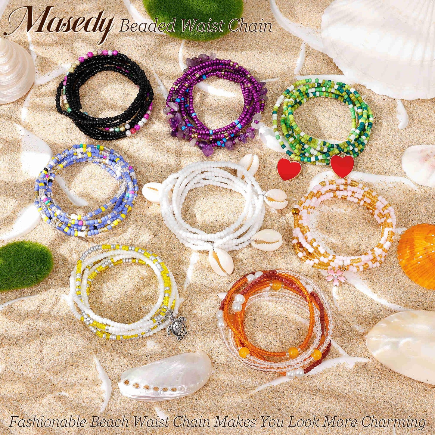 Masedy 8PCS African Waist Bead Chains for Women Layered Belly Body Chain Handmade Plus Size Beaded Belly Chain Colorful Elastic Flower Butterfly Body Chains Summer Beach Bikini Body Jewelry 31-45in (Set B, Inches, 31)