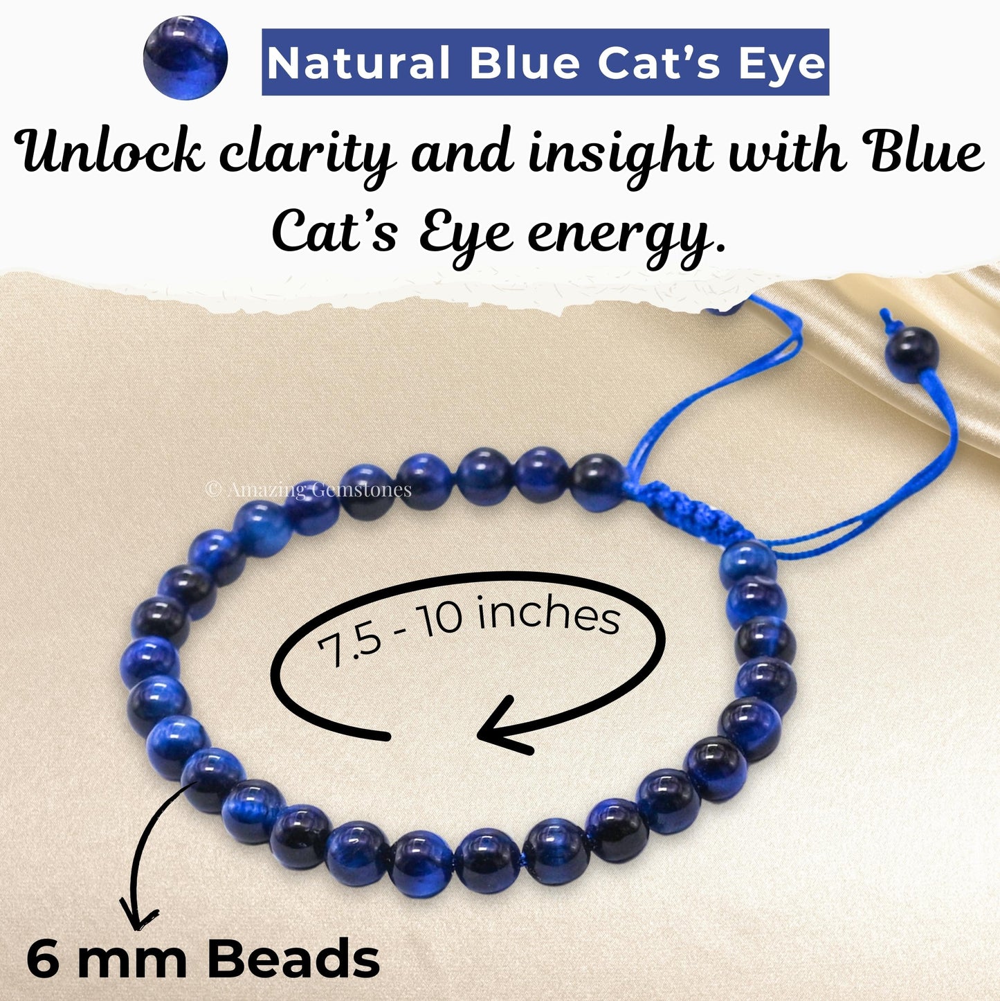Amazing Gemstone Blue Cats Eye Bracelet for Women Men's Gifts - Protection Healing Crystal Bracelet - 6mm Gemstone Beaded Adjustable Bracelet Pulseras Para Hombres Mujer Stocking Stuffers