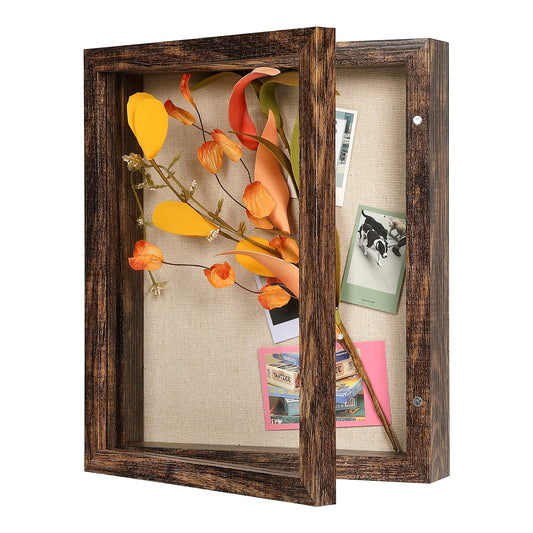 8x10 Shadow Box Frame with Linen Back - Real Glass, Push Pins Included, Sturdy Rustic Memory Display Case, Fits 6.8x8.8 Inserts
