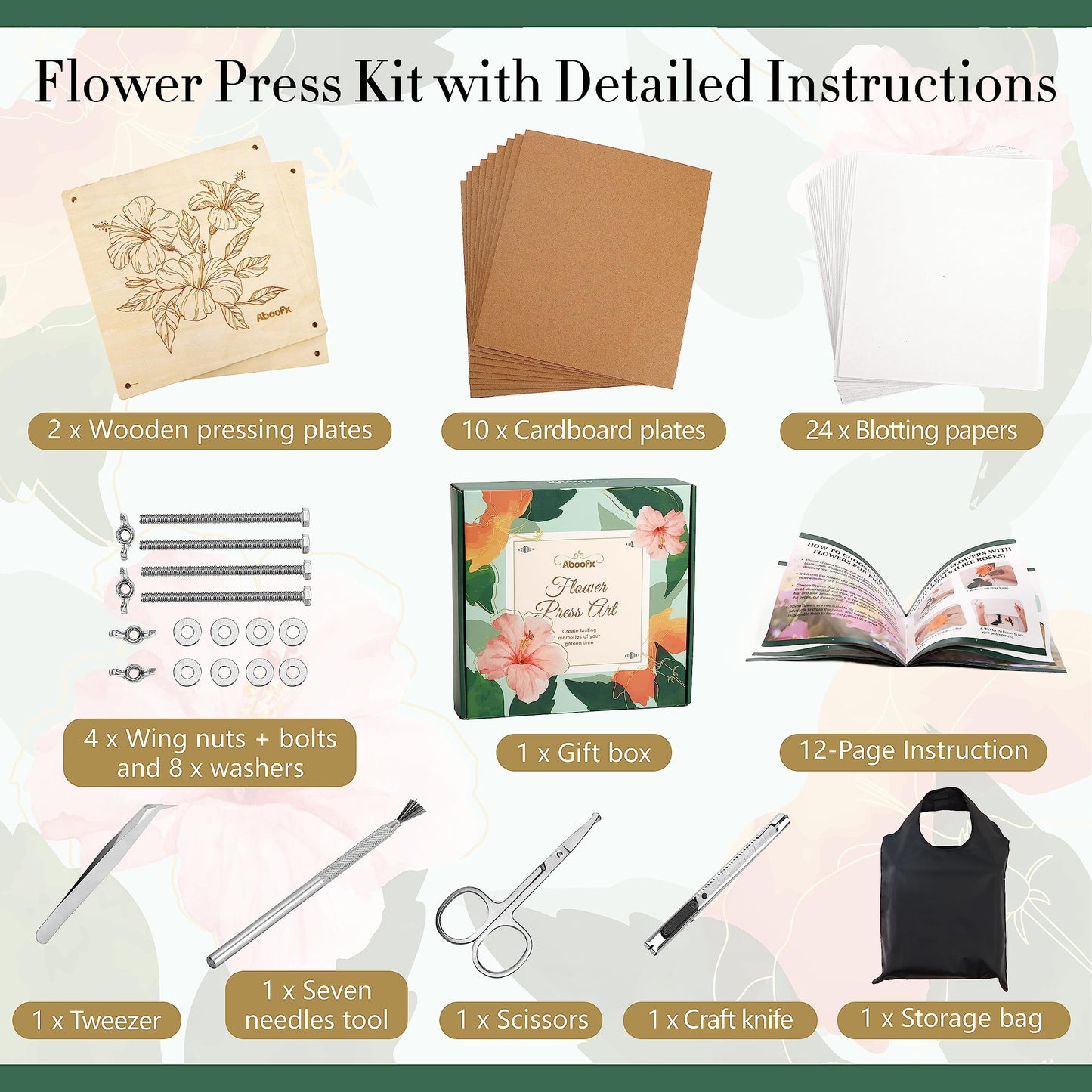Aboofx Flower Press Kit, Craft Kits 11"x11" 10 Layers Wooden Flower Pressing Kit for Crafts Pressed Flowers & Plant Press for Spring DIY Craft Art, Preservation Kits for Bookmark Frame Flowers Drying