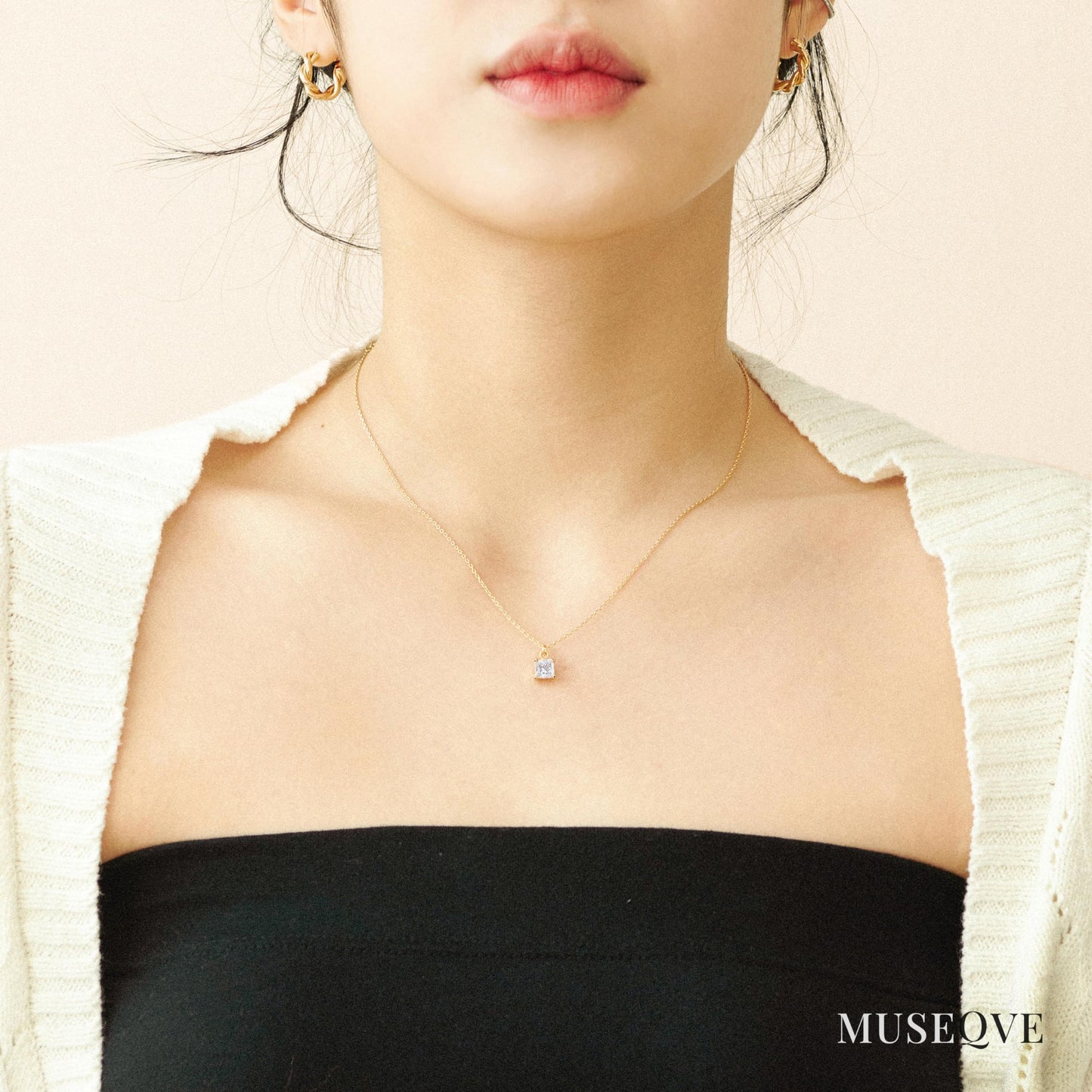 MUSEQVE 14K Gold Plated Solitaire Necklace for Women • Square CZ Diamond Princess Cut Cubic Zirconia Pendant Jewelry • Adjustable Chain Non Tarnish Bridesmaid Gifts [CZN-SQ-G]