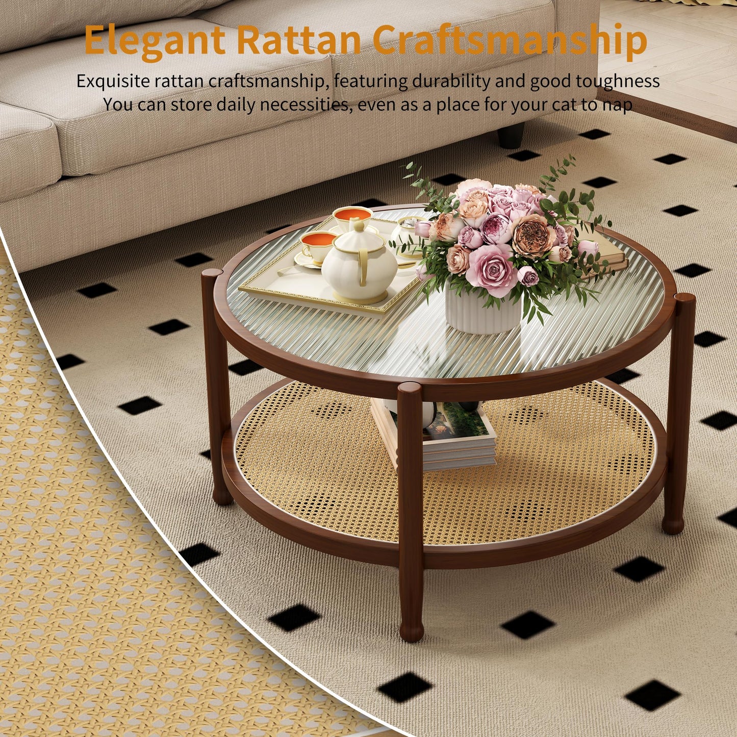 Saylike Rattan Round Coffee Table for Living Room, 32" Boho Circle Table with Tempered Glass Desktop Rustic Solid Wood Farmhouse Accent Center Storage Table (Walnut, 31.5" D x 31.5" W x 17" H)
