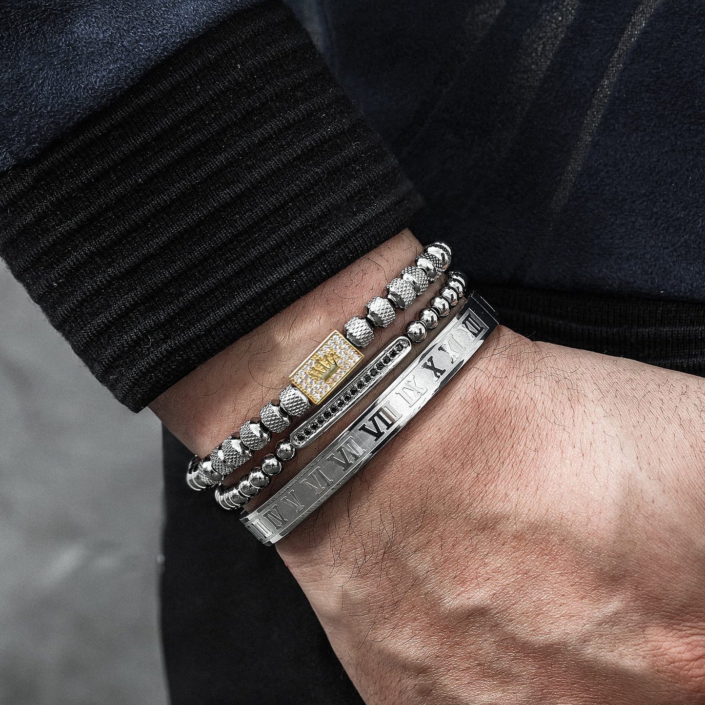 WFYOU 3PCS Stainless Steel Bracelets for Men Gold Roman Numeral Bangle Bracelet Twisted Cable Bracelet Adjustable Cuff Bracelet Mens Luxury Jewelry Bracelets Gifts(H:Gold&Silver)