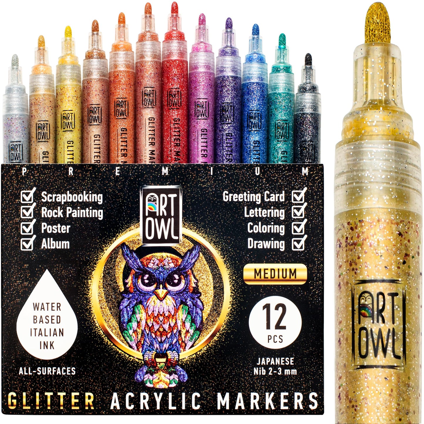 Art Owl Acrylic Glitter Paint Marker Pens, Medium Pens for Rock Painting, Stone, Ceramic, Glass, Wood, Fabric, Card Making, Canvas, DIY Crafts - Set of 12 Sparkle Paint Markers