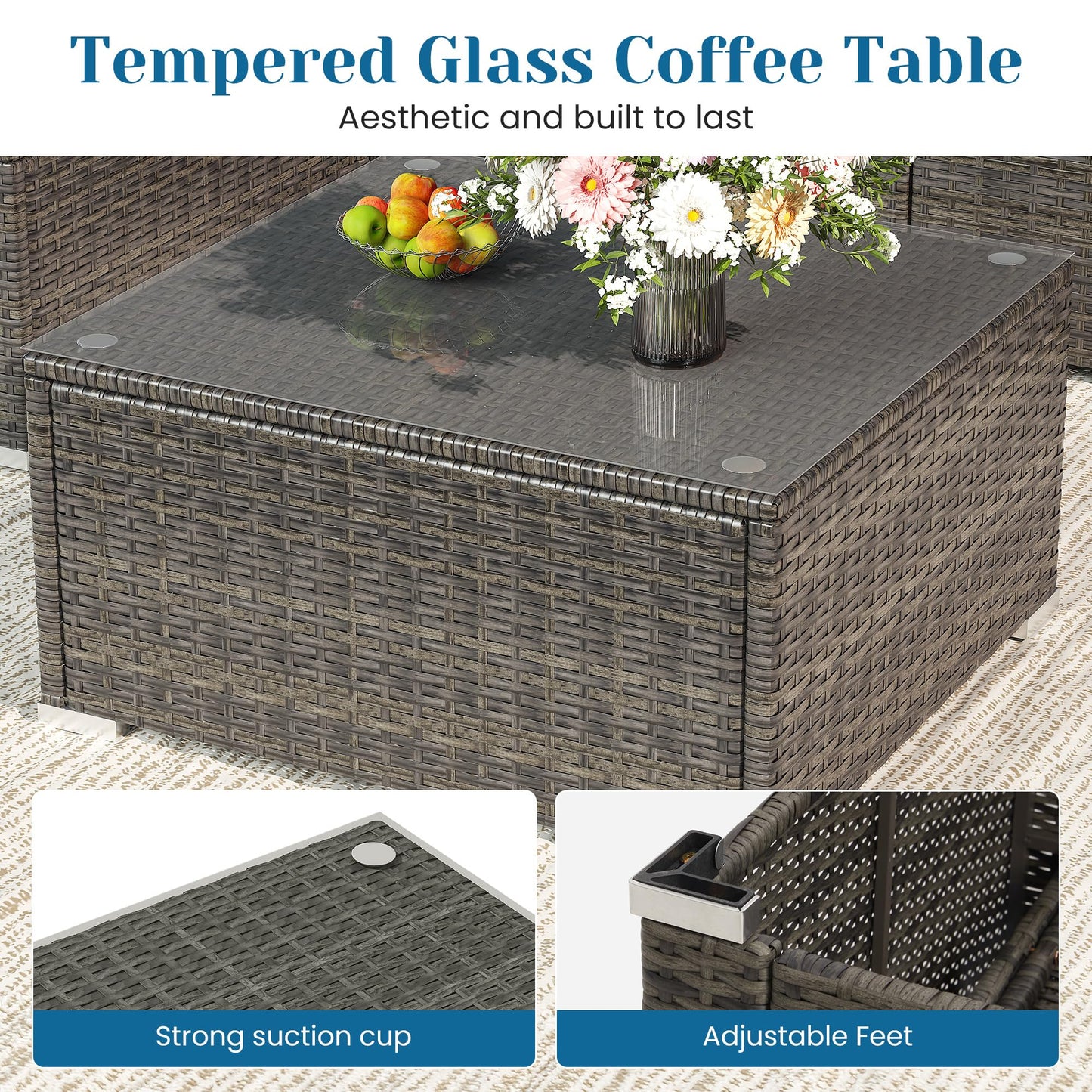 Green4ever 5-Piece Outdoor Patio Furniture Set, All-Weather Wicker Rattan Sectional Sofa with Cushions and Glass Coffee Table, Patio Conversation Set for Backyard, Porch, Garden, Balcony, Grey