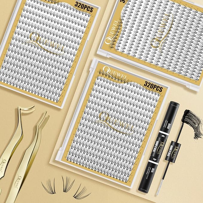QUEWEL Lash Clusters 320Pcs Cluster Lashes 20D D Curl Lash Cluster Eyelash Extensions Mix9-16mm Individual Eyelashes Clusters Wispy Lash Clusters Thin Band Soft to Use at Home(20D D Mix9-16)