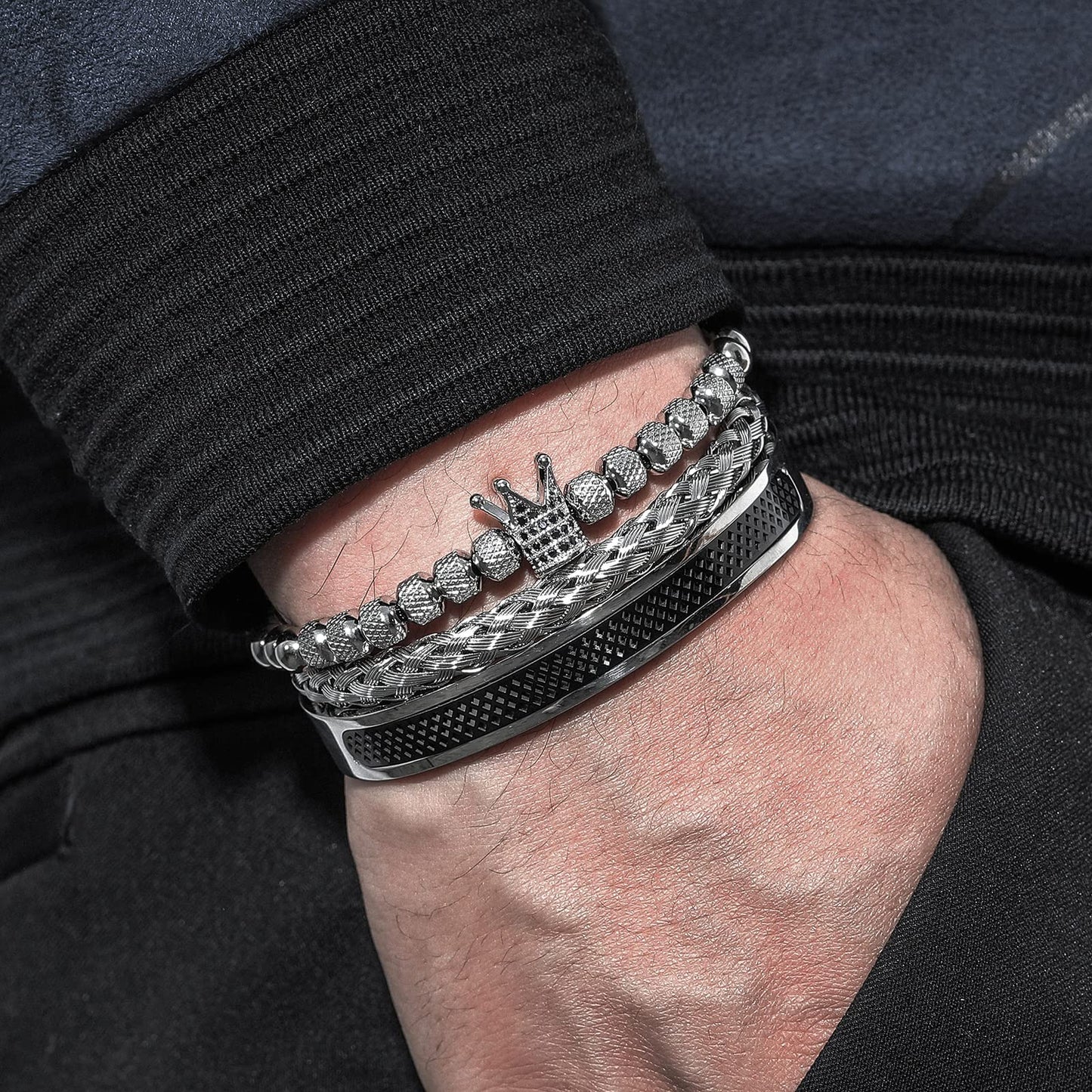 WFYOU 3PCS Stainless Steel Bracelets for Men Gold Roman Numeral Bangle Bracelet Twisted Cable Bracelet Adjustable Cuff Bracelet Mens Luxury Jewelry Bracelets Gifts(J:Black)