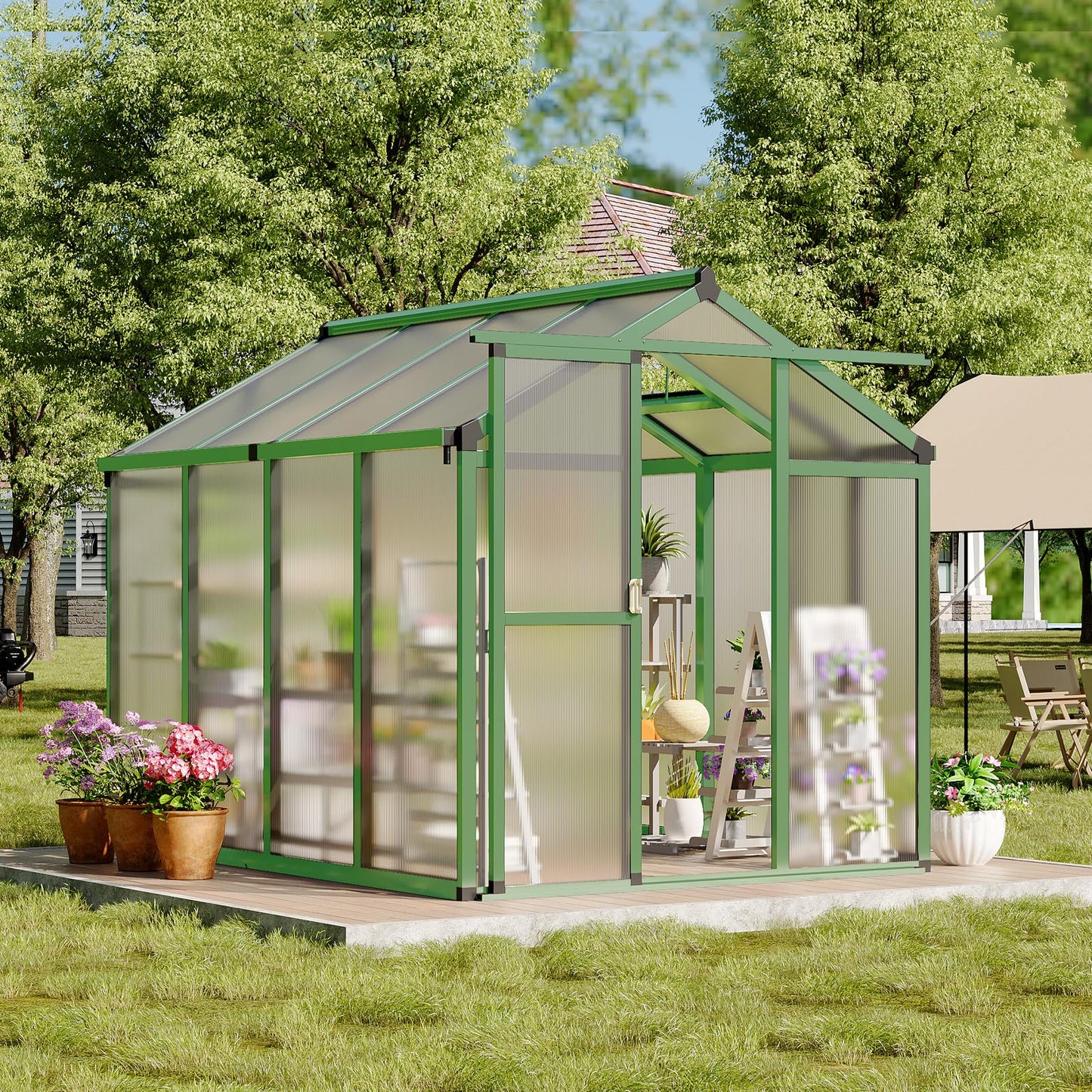 6x8 Ft Outdoor Greenhouses, Greenhouse Kit, Portablee Greenhouses with Ground Nails and Vent Windows, Sliding Lockable Door, Polycarbonate Green Houses for Outside Garden Backyard, Green