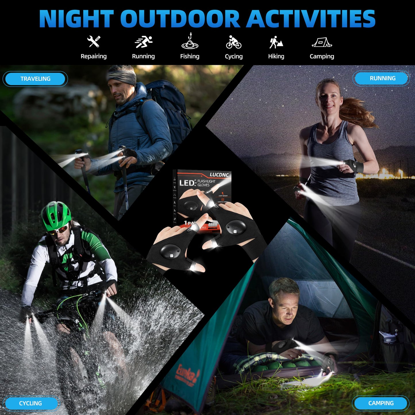 lucdnc Gifts for Men Stocking Stuffers for Adults LED Flashlight Gloves Cool Gadgets Tools Outdoor Hands Free Flashlights for Fishing Repairing Camping Unique Men Birthday Christmas Gifts
