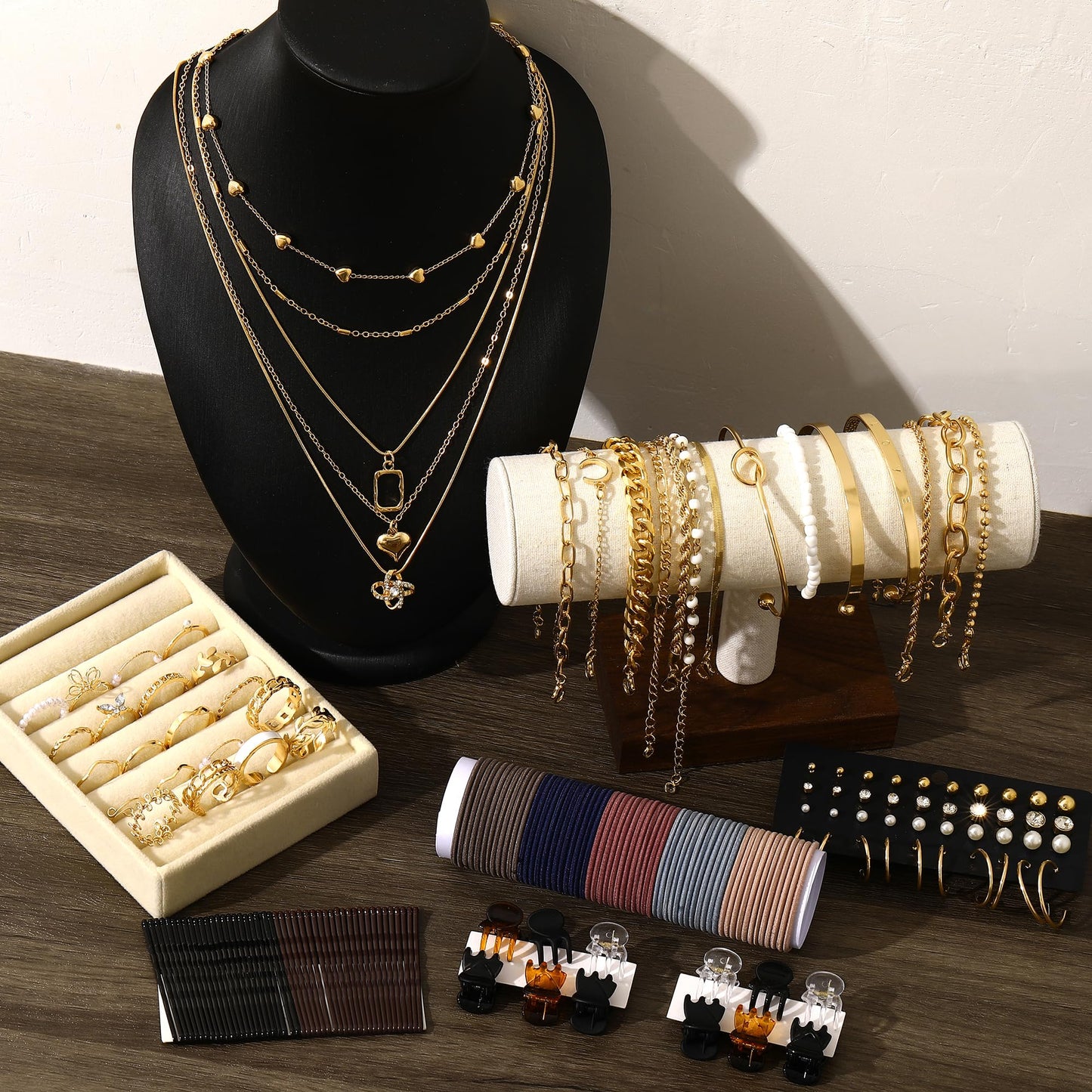 FAXHION 68 Pcs Gold Jewelry Set for Women with 7 Necklace, 17 Bracelet, 5 Hoop Earrings, 15 Stud Earrings, 24 Knuckle Rings for Women Jewelry Set for Women