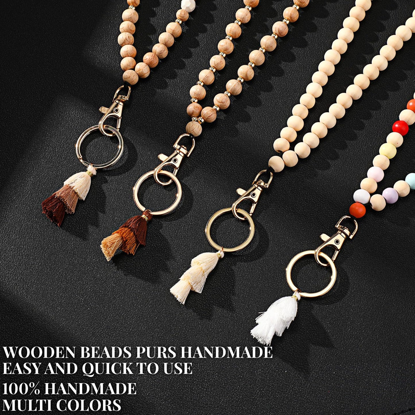 Sintuff 12 Pieces Wood Beaded Lanyard Card Holder Set, Including 4 Wooden Bead Neck Bohemian Lanyards with Tassel and 8 Clear Waterproof ID Card Holder, Nurses Employees Teacher Appreciation Gifts