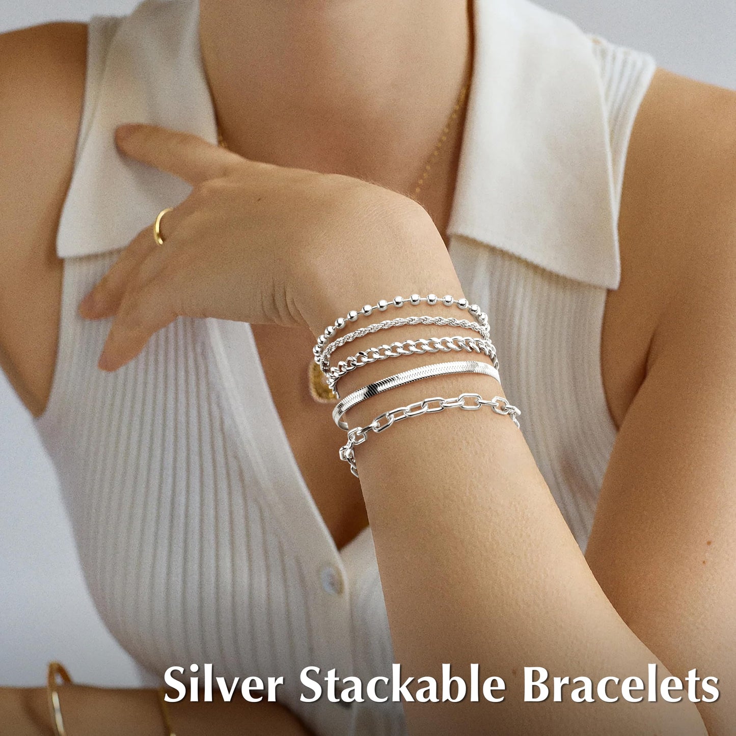 Silver Bracelets for Women Non Tarnish, Dainty Waterproof Silver Stackable Bracelet Set Stack With Beaded, Cuban, Paperclip, Snake, Rope, Silver Jewelry Gifts for Women Trendy