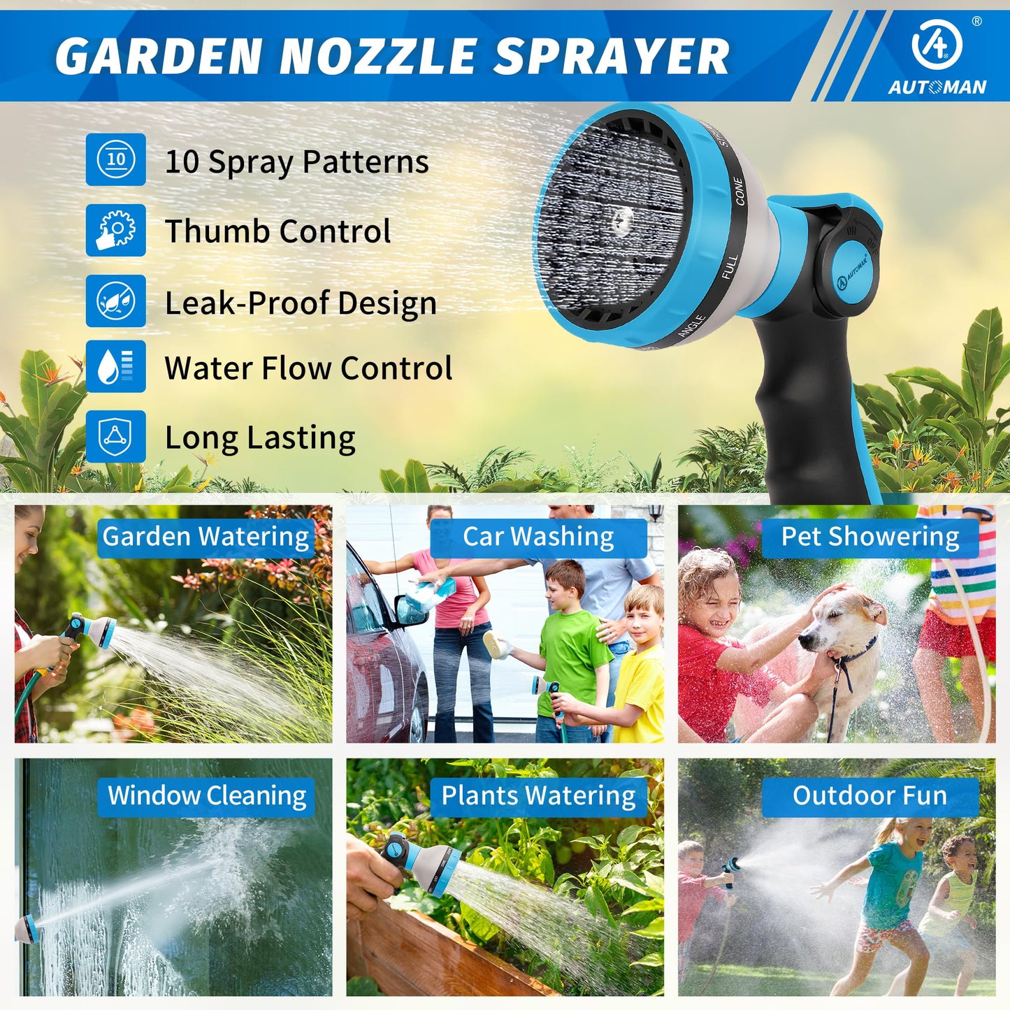 AUTOMAN Garden Hose Nozzle Sprayer - 10 Spray Patterns, 2 Pack Thumb Control Water Hose Nozzle Outdoor, Heavy Duty Spray Nozzles for Watering Garden, Cleaning Window, Washing Car, Showering Pets