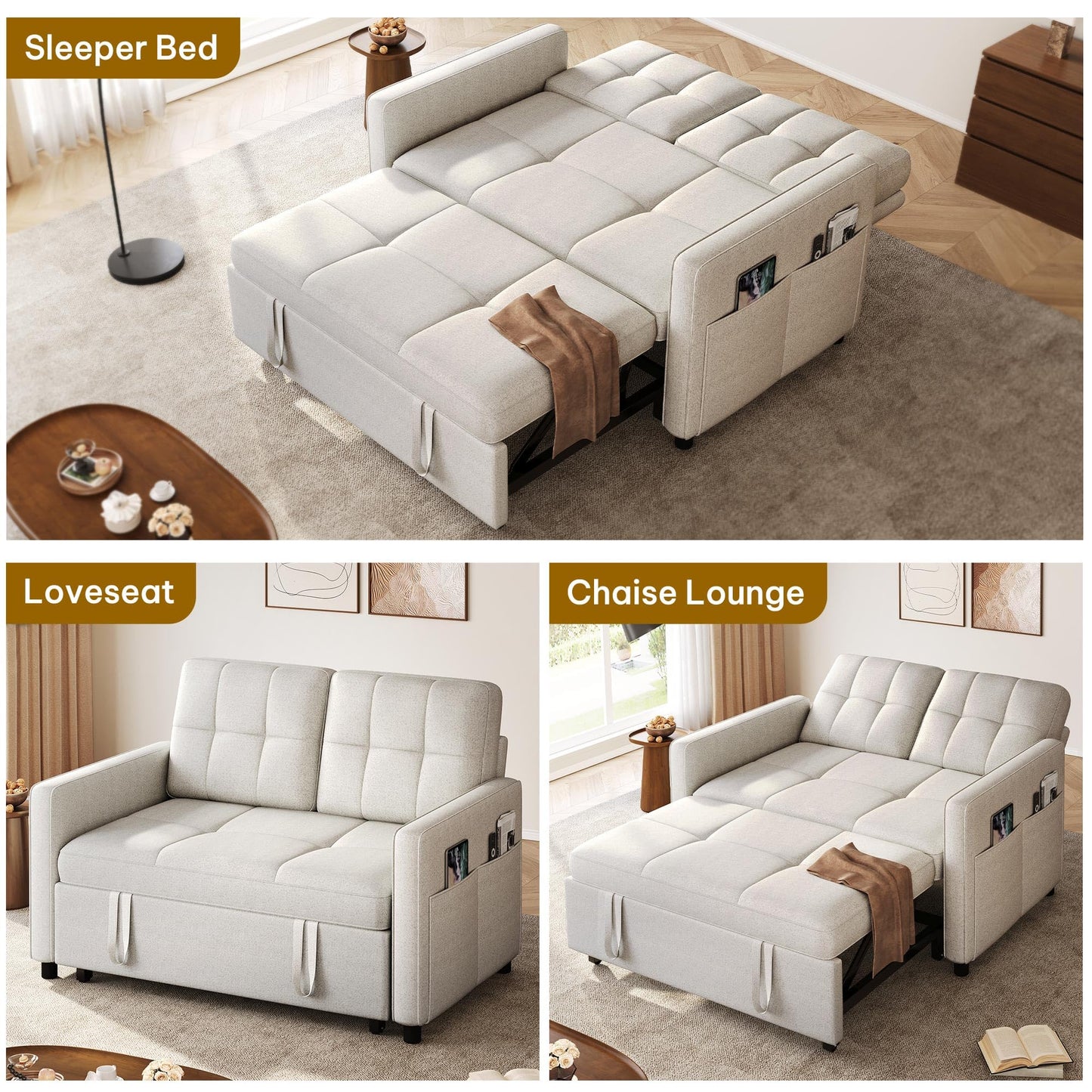 DWVO 55" Convertible Sofa Bed, 3-in-1 Sleeper Sofa with Pull-Out Bed, Linen Futon Couch with Adjustable Backrest and Side Pocket, Modern Loveseat for Living Room Apartment, Light Beige