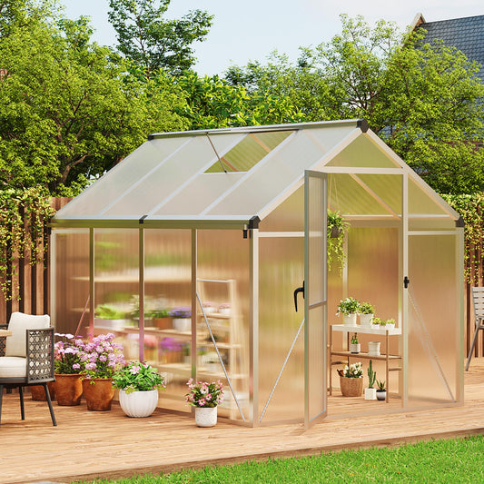 6×8 FT Greenhouse, Large Walk in Greenhouses for Outdoors and Garden Planting, Polycarbonate Greenhouse with Enhanced Aluminum Frame, Green Houses with Quick Setup Structure and Roof Vent, Silver
