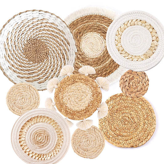 9 Pack Boho Wall Basket Set, hanging Woven Wall Basket Decor, Seagrass Rattan Wicker Boho Wall Decor, Eco-Friendly Round Art for Farmhouse Bedroom Living Room Display Table Settings Kitchen Home